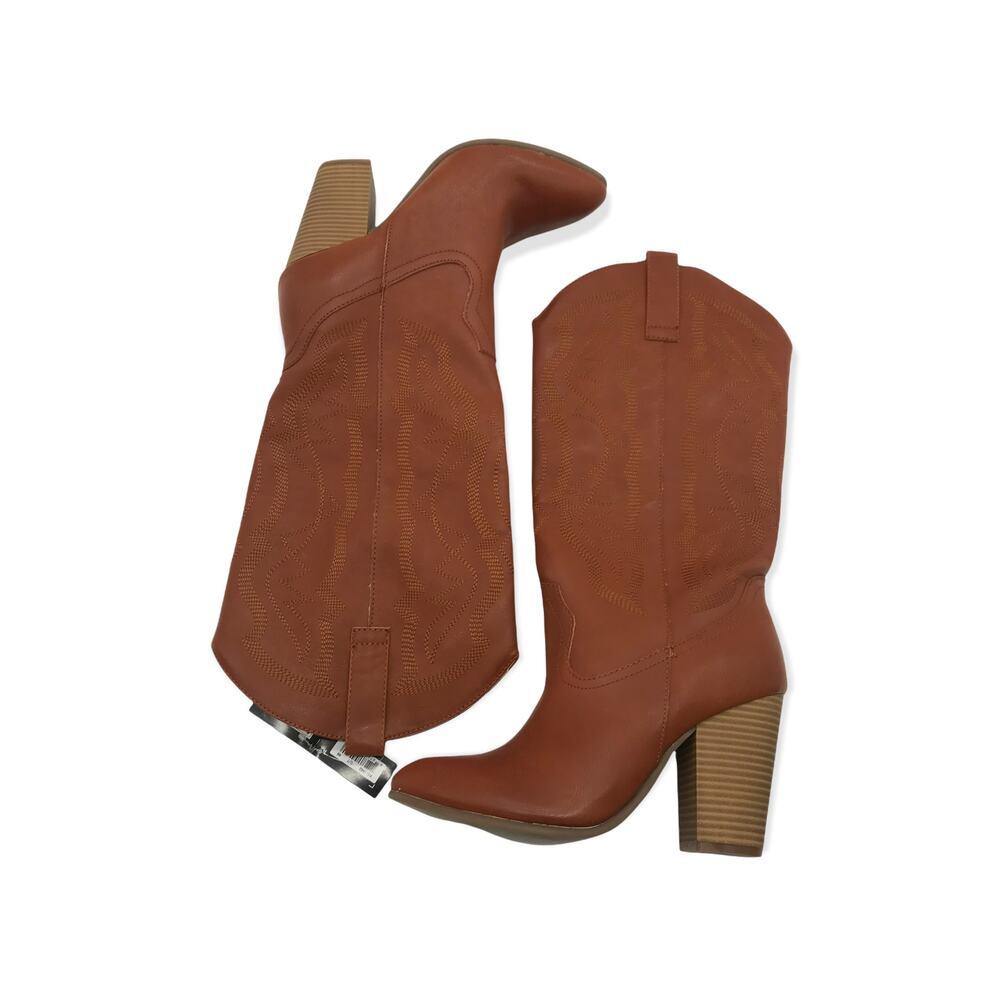 Code West Womens Western Style Mid Calf Boots Brown Pull On Stacked Heels 8.5 M